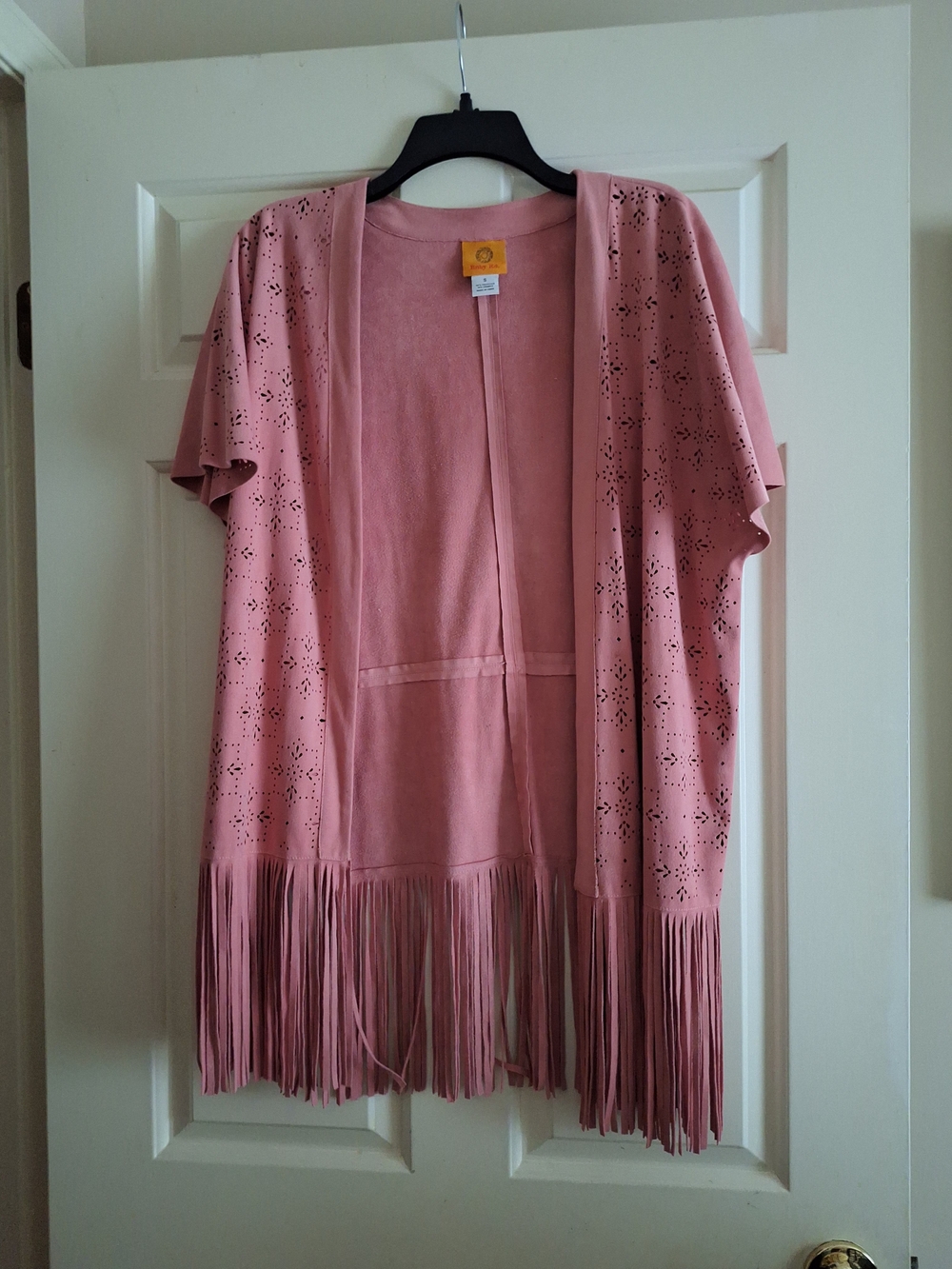Ruby Rd. Pink Faux Suede Fringe Open Front Kimono